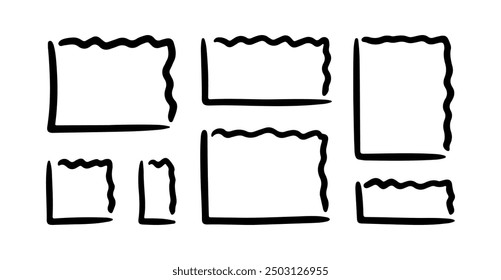 Doodle wavy curve edge frame set. Hand drawn wave rectangle borders. Brush drawn squares. Bullet journal elements