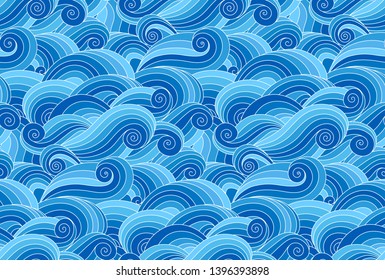 Doodle wavy deep blue seamless pattern. Hand drawn waves ultramarine background. Ocean wave tide splashes. Sea surfing tides navy wallpaper.