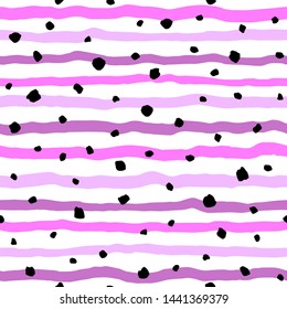 Doodle wavy hand drawn stripes, bars, streaks and chaotic uneven blobs, blots, spots, dots texture. Seamless striped pattern. Fuchsia pink, rose, purple and black colors fashion background. 