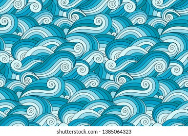 Doodle wavy seamless pattern. Hand drawn waves background. Ocean wave tide splashes. Sea surfing tides wallpapers.