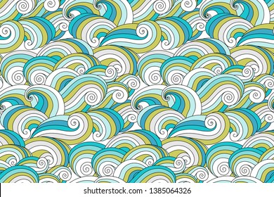 Doodle wavy seamless pattern. Hand drawn waves background. Ocean wave tide splashes. Sea surfing tides wallpapers.