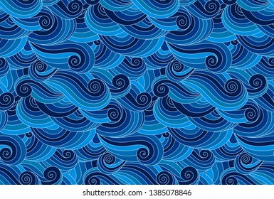 Doodle wavy seamless pattern. Hand drawn waves background. Ocean wave tide splashes. Sea surfing tides wallpapers.