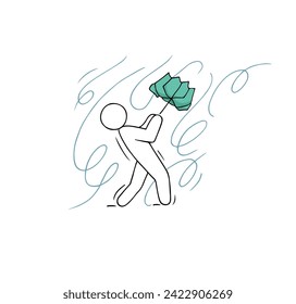 Doodle weather icon - man with umbrella. Sketch of man  in storm, character in rainy weather, vector hand drawn illustration