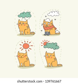 Doodle weather icon set with a cat