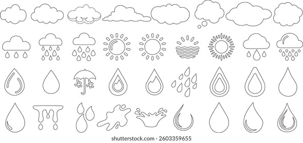 doodle weather icon set, rain drops, sun, clouds, and water drop vector illustration in outline style for weather forecast, climate apps, meteorology, environmental graphics, digital design project