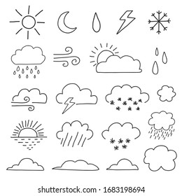 Doodle weather icon set. Sun, cloud, rain, snow, wind etc