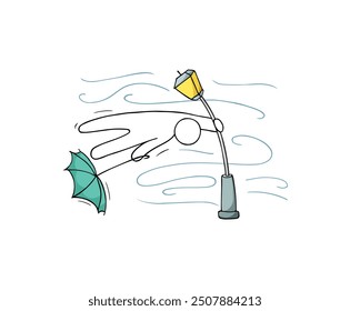 Doodle weather icon with wind and man, lantern. Sketch of man with umbrella in storm, character in windy weather and outline swirls of strong wind, vector hand drawn illustration