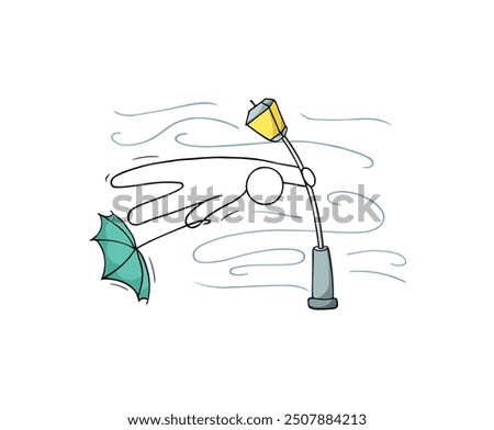 Doodle weather icon with wind and man, lantern. Sketch of man with umbrella in storm, character in windy weather and outline swirls of strong wind, vector hand drawn illustration