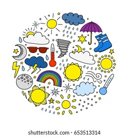 Doodle weather icons including sun, clouds, rain drops, snowflakes, stars, moon, rainbow, thunder, thermometer composed in circle shape.