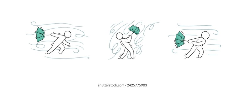 Doodle weather icons set - man with umbrella. Sketch of man  in storm, character in rainy weather, vector hand drawn illustration