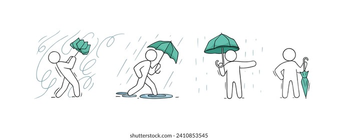 Doodle Wettersymbole mit Wind und Regen. Skizze des Menschen mit Regenschirm im Sturm, Charakter bei Regenwetter und Umrisswirbel mit starkem Wind, Vektorgrafik