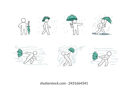 Doodle iconos del tiempo con viento y lluvia. Esbozo de hombre con paraguas en tormenta, personaje en tiempo lluvioso y remolinos de contorno de fuerte viento, ilustración dibujada a mano vectorial