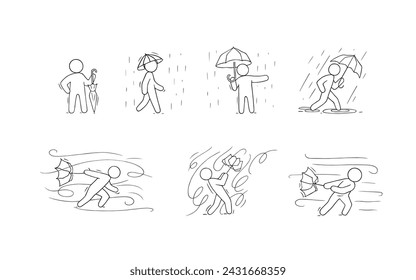 Doodle weather icons with wind and rain. Sketch of man with umbrella in storm, character in rainy weather and outline swirls of strong wind, vector hand drawn illustration