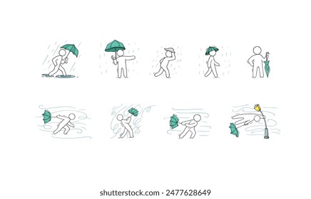 Doodle weather icons with wind and rain. Sketch of man with umbrella in storm, set of windsocks, character in rainy weather and outline swirls of strong wind, vector hand drawn illustration