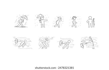 Doodle weather icons with wind and rain. Sketch of man with umbrella in storm, set of windsocks, character in rainy weather and outline swirls of strong wind, vector hand drawn illustration