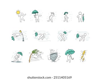 Faça doodles de ícones do tempo com vento e chuva. Esboço do homem com guarda-chuva na tempestade, conjunto de windsocks, personagem no tempo chuvoso e esboço de redemoinhos de vento forte, ilustração desenhada à mão vetor