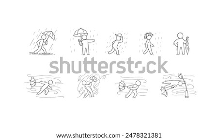 Doodle weather icons with wind and rain. Sketch of man with umbrella in storm, set of windsocks, character in rainy weather and outline swirls of strong wind, vector hand drawn illustration