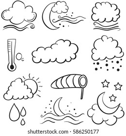 Doodle of weather set cloud moon star wind