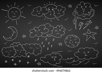 Doodle weather set. Collection of hand drawn elements.