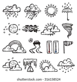 Doodle weather set with forecast and nature icons isolated vector illustration