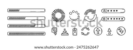 Doodle web ui ux design sketch elements. Website user interface icons, bars, buttons, account log in. Code software technology.