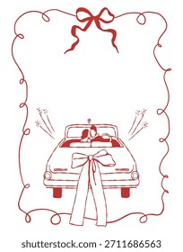 Doodle wedding card template with space for text. A wedding car with the newlyweds, a whimsical frame with a bow. Vector outline illustration in red