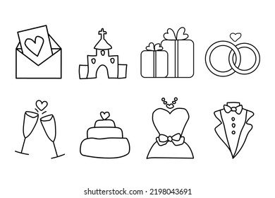 Doodle wedding icon set. Hand drawn sketch. Outline symbols wedding and celebration vector illustrations.