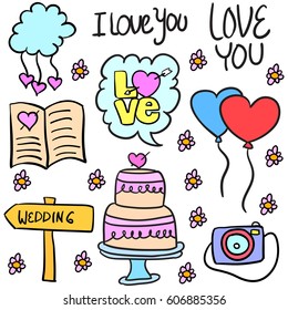 Doodle of wedding object colorful style