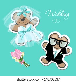 Doodle for wedding or party invitation. Bears couple Bride and groom illustration in wedding outfit. 