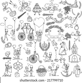 Doodle wedding set for invitation cards, including template design decorative elements - flowers, bride, groom, church, hearts