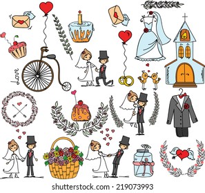 Doodle wedding set for invitation cards, including template design decorative elements - flowers, bride, groom, church, hearts 