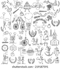 Doodle wedding set for invitation cards, including template design decorative elements - flowers, bride, groom, church, hearts 