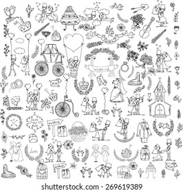 Doodle wedding set for invitation cards, including template design decorative elements - flowers, bride, groom, church, hearts 