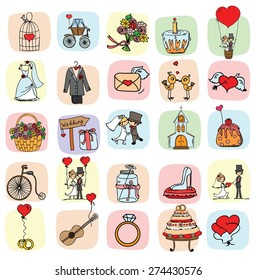 Doodle wedding set for invitation cards, including template design decorative elements - flowers, bride, groom, church, hearts 