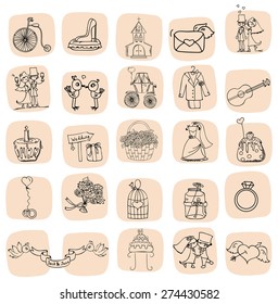 Doodle wedding set for invitation cards, including template design decorative elements - flowers, bride, groom, church, hearts 