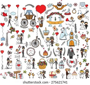 Doodle wedding set for invitation cards, including template design decorative elements - flowers, bride, groom, church, hearts 