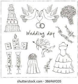 Doodle wedding set for invitation cards, including template design decorative elements