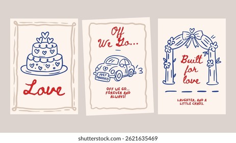 Doodle casamento Sketch Card Set amor romântico mão desenhado giz saudação vetor vintage salvar a data festa evento convite coleção com bolo carro e arco