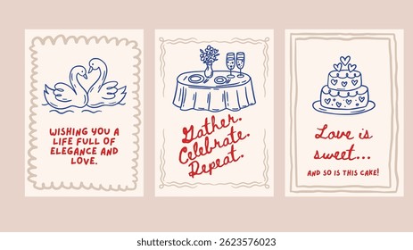 Doodle casamento Sketch Card Set Amor Romântico mão desenhada Giz Saudação Banner Vintage Vetor Salvar A Data Festa Swans Bolo Casamento Jantar Evento Coleção