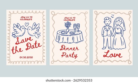 Doodle Wedding Sketch Card Set Love Romantic Hand Drawn Chalk Greeting Banner Vintage Vector Save The Date Party Event Dinner Birde Bride Collection