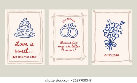 Doodle Wedding Sketch Card Set Love Romantic Hand Drawn Chalk Greeting Banner Vintage Vector Save The Date Rings Bouquet Cake Event Collection