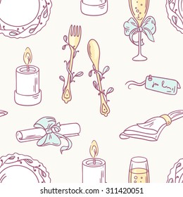 Doodle wedding table decoration seamless pattern. Hand drawn celebration background. Vector illustration