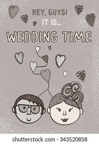 Doodle wedding time cute cartoon invitation post card bride and groom retro grunge