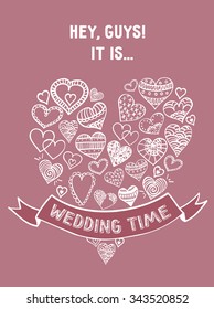 Doodle wedding time cute set of hearts invitation post card pink