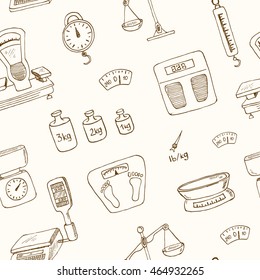 Doodle weighing machine set  tools seamless pattern Vintage illustration for identity, design, decoration, packages product and interior decorating