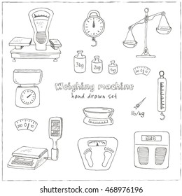 Doodle weighing machine set  tools Vintage illustration for identity, design, decoration, packages product and interior decorating