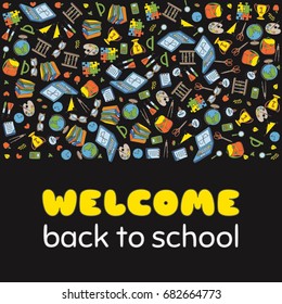 Doodle Welcome Back to School poster. Hand drawn stationary graphic design elements for school invitation template, sale flyer, greeting card. Education supplies sale concept idea. Vector illustration