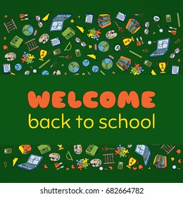 Doodle Welcome Back to School poster. Hand drawn stationary graphic design elements for school invitation template, sale flyer, greeting card. Education supplies sale concept idea. Vector illustration