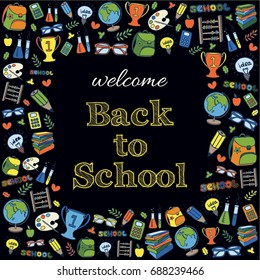 Doodle Welcome Back to School poster. Hand drawn stationary graphic design elements for school invitation template, sale flyer, greeting card. Education supplies sale concept idea. Vector illustration