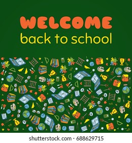 Doodle Welcome Back to School poster. Hand drawn stationary graphic design elements for school invitation template, sale flyer, greeting card. Education supplies sale concept idea. Vector illustration